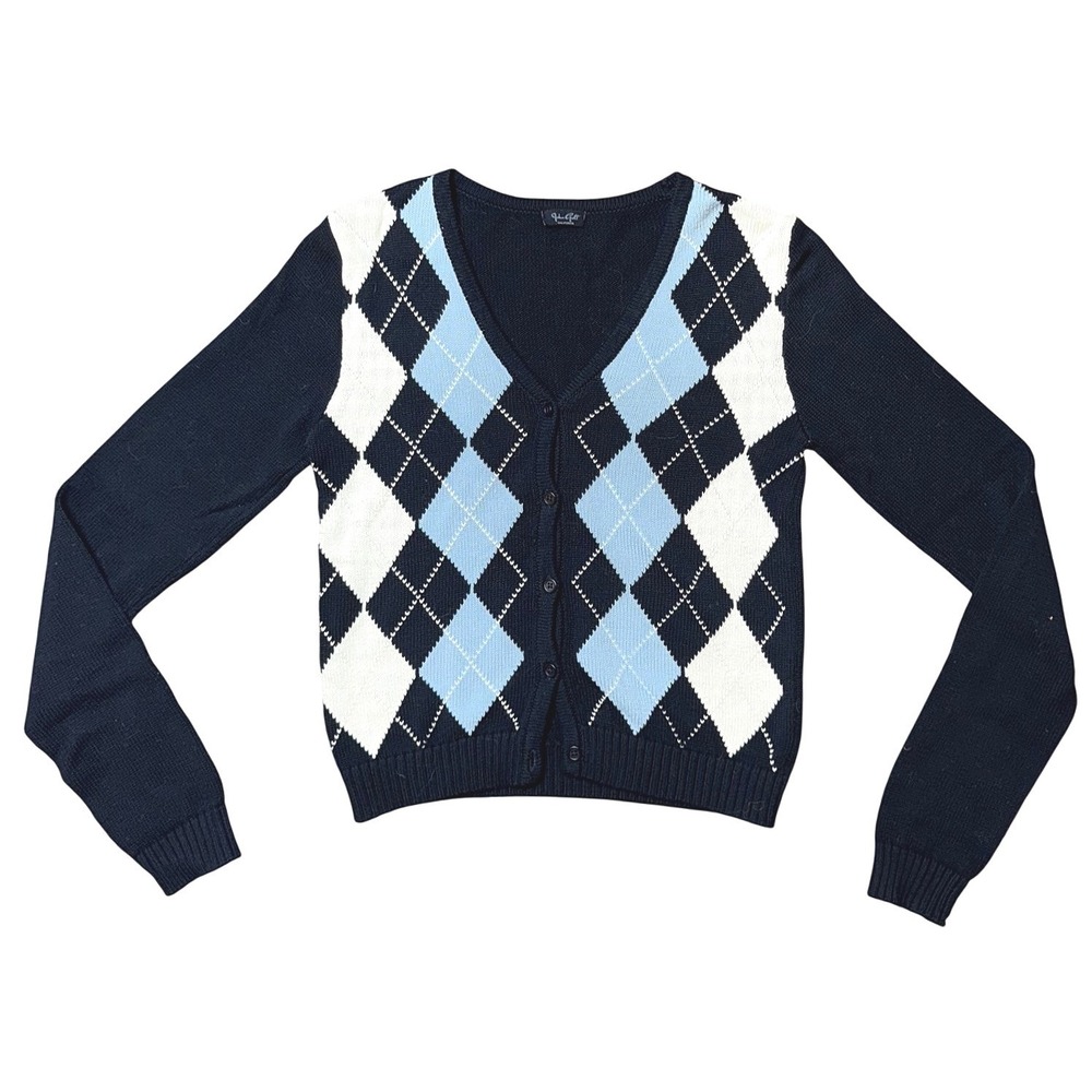 John Galt Brandy Melville Y2K Argyle Cropped V-Neck Cardigan Sweater MH341